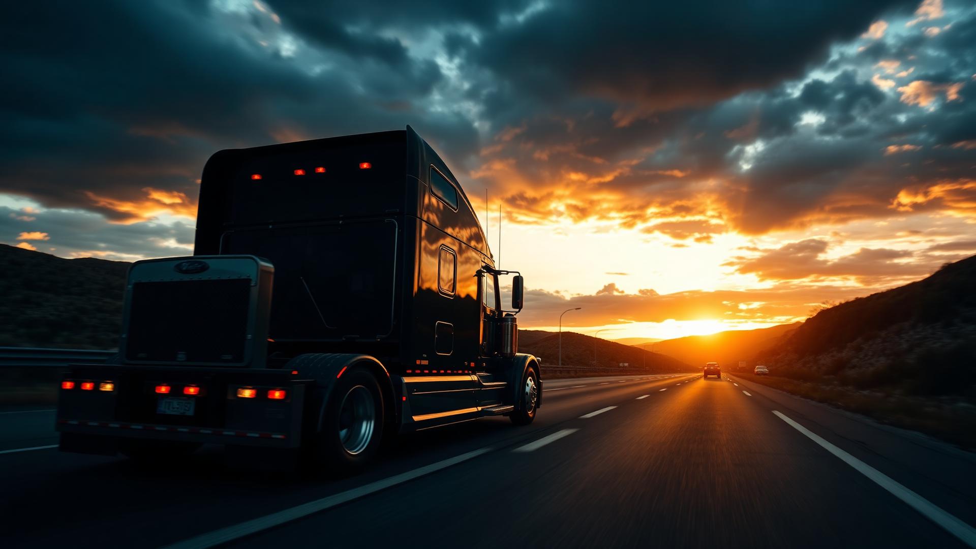 Semi-truck on highway at sunset
